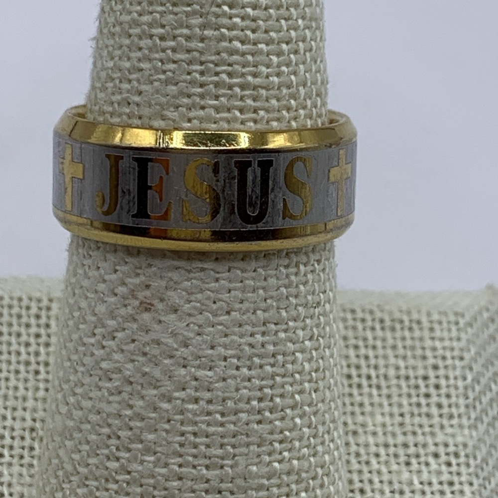 Religious “JESUS” Band Ring Two-Tone Gold & Silver Size 7